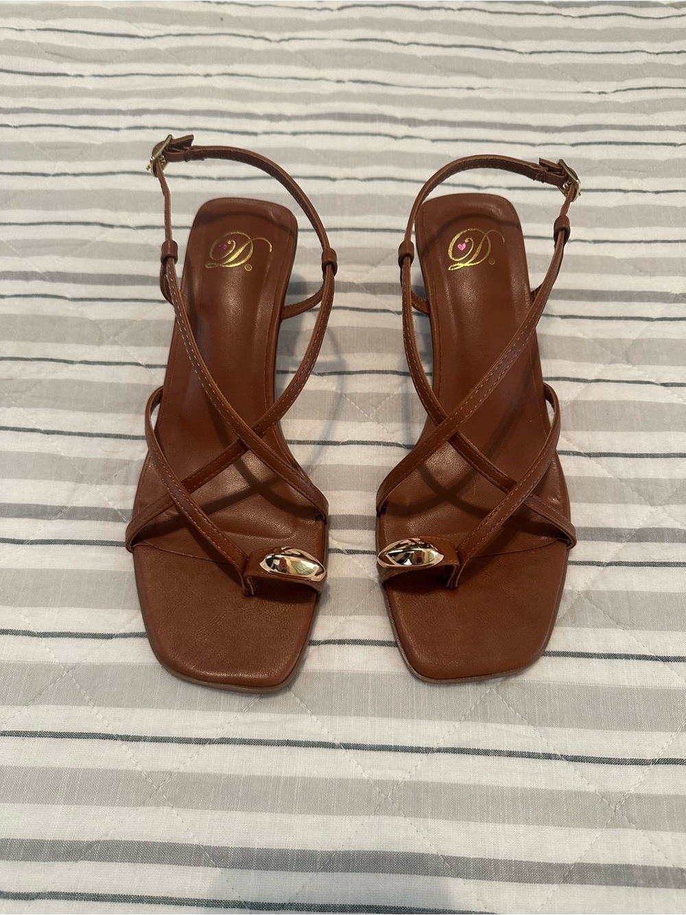 Delicious Brown Strappy Square-Toe Heeled Sandals with Gold Accent